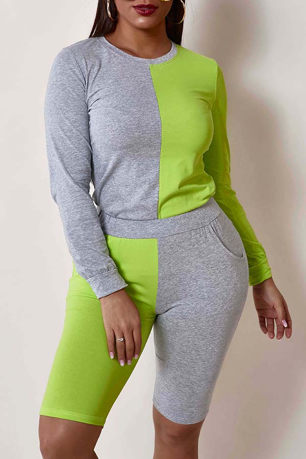 

Lovely Leisure O Neck Patchwork Green Two-piece Shorts Set