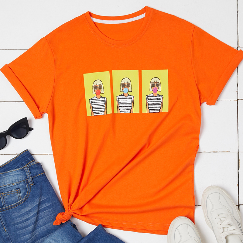 

Lovely Casual O Neck Cartoon Print Orange T-shirt
