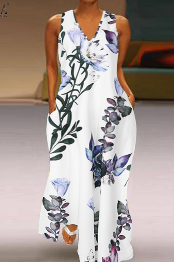 

Lovely Casual Print White Maxi Plus Size Dress