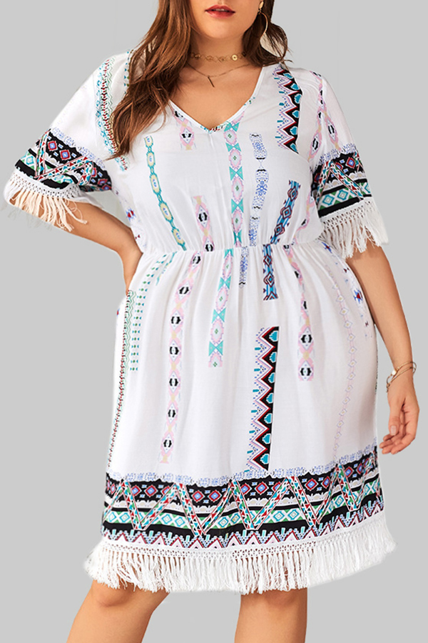 

Lovely Trendy Tassel Design White Knee Length Plus Size Dress