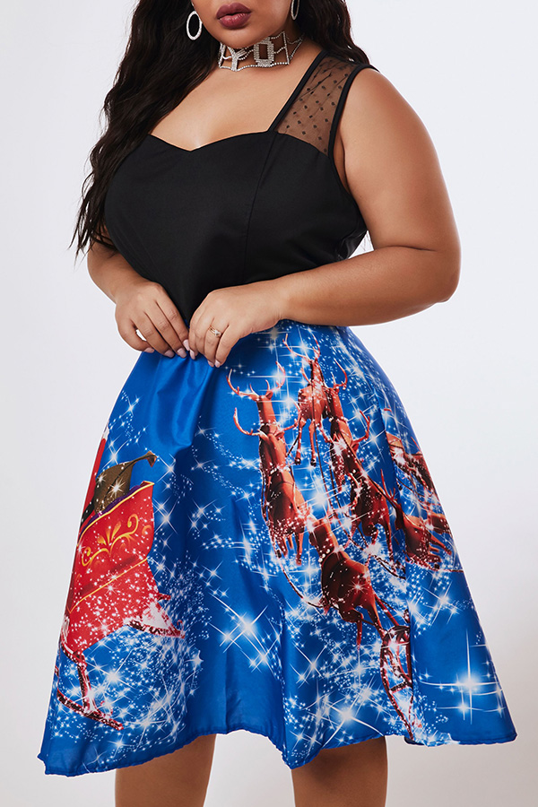

Lovely Casual Patchwork Blue Knee Length Plus Size Dress