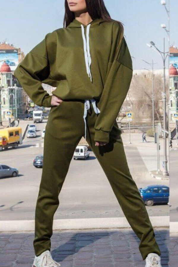 

Lovely Sportswear Hooded Collar Army Green Loungewear