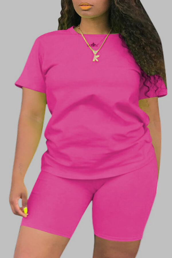 

Lovely Plus Size Casual Basic Rose Red Two-piece Shorts Set
