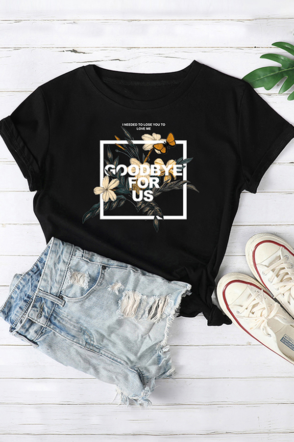 

Lovely Leisure O Neck Print Black T-shirt