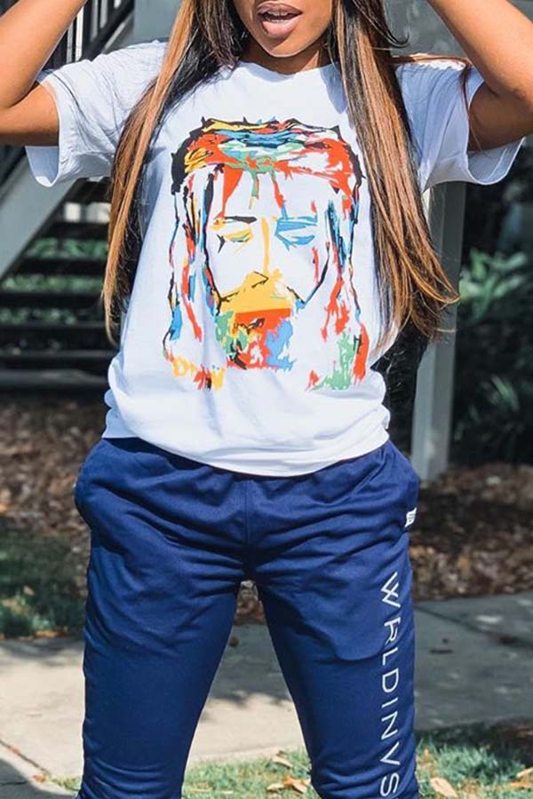 

Lovely Casual O Neck Print White T-shirt