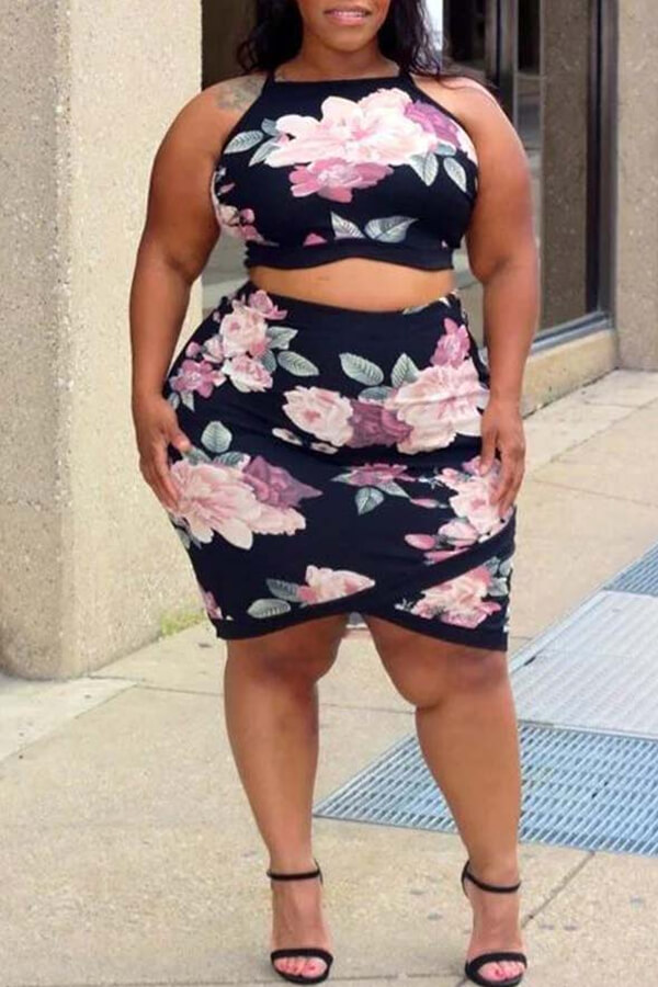 

Lovely Plus Size Casual Print Black Two-piece Skirt Set