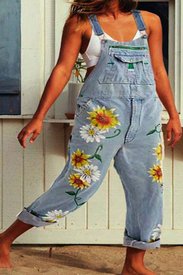 

Lovely Stylish Print Baby Blue Plus Size One-piece Jumpsuit
