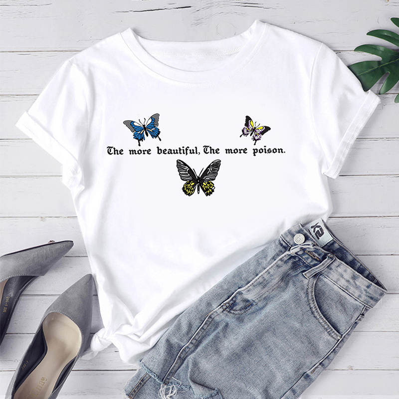 

Lovely Leisure O Neck Butterfly Print White T-shirt