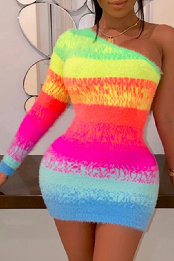 

Lovely Casual One Shoulder Print Multicolor Mini Dress, Multi