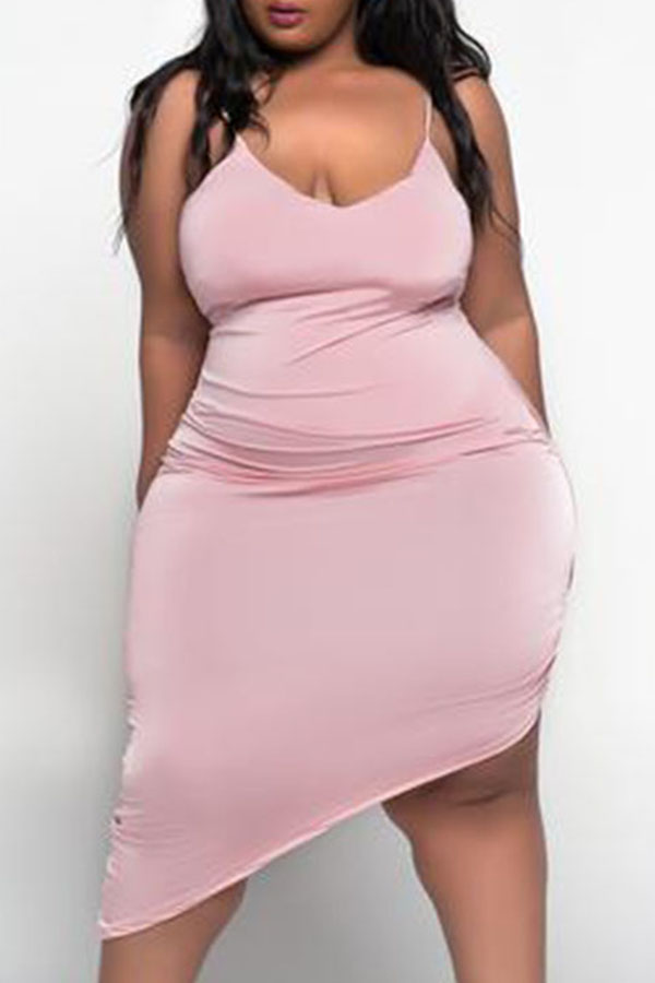 

Lovely Trendy V Neck Asymmetrical Pink Mid Calf Plus Size Dress