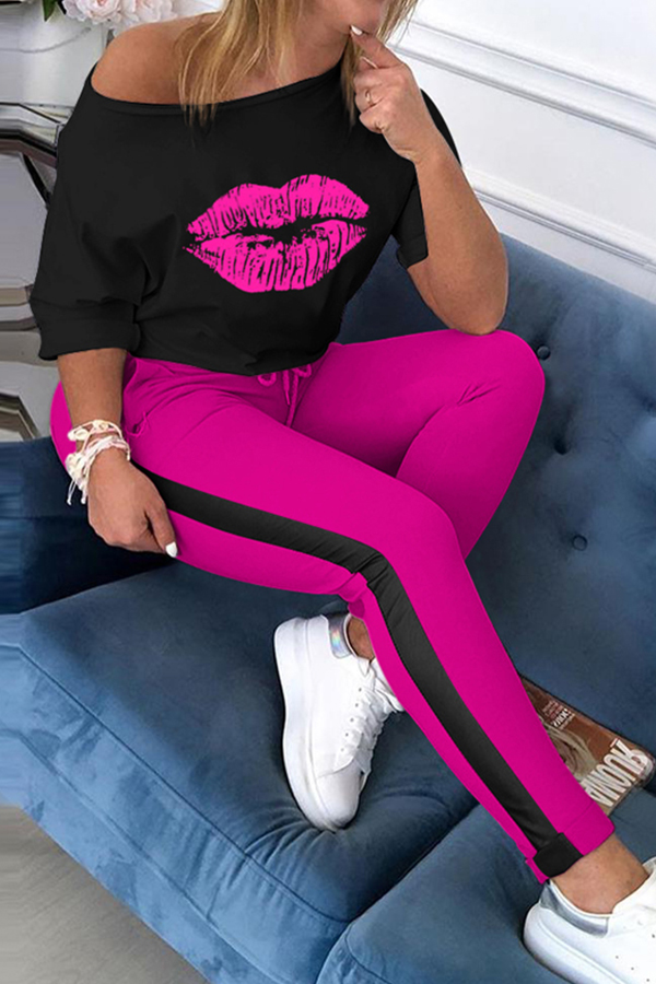 

Lovely Casual Print Rose Red Loungewear