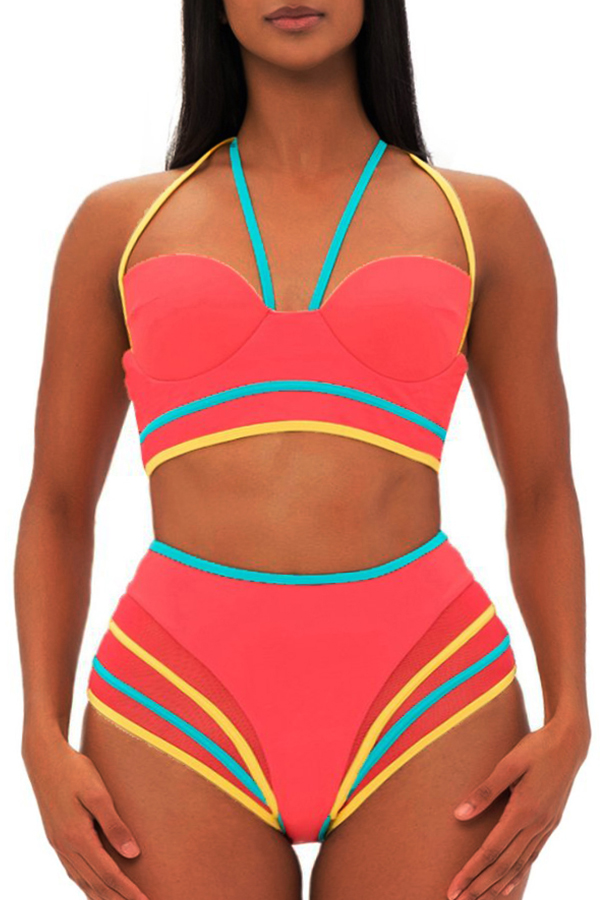 

Lovely Patchwork Watermelon Red Two-piece Swimsuit