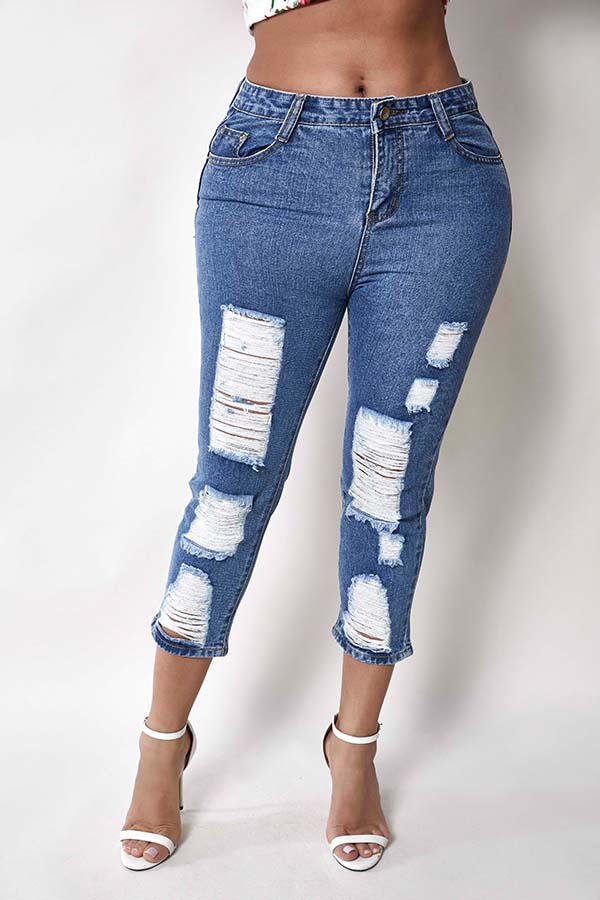 

Lovely Trendy Broken Holes Blue Jeans