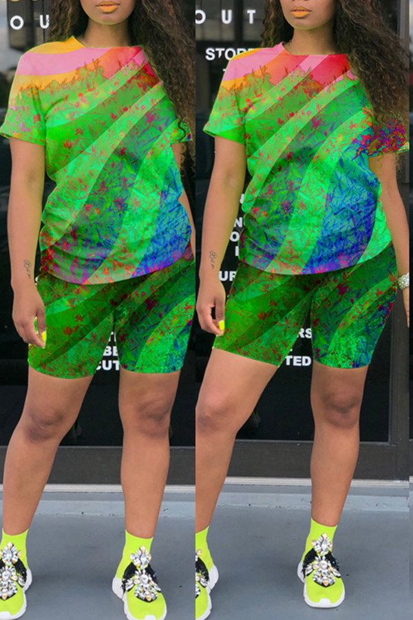 

Lovely Leisure Tie-dye Green Two-piece Shorts Set