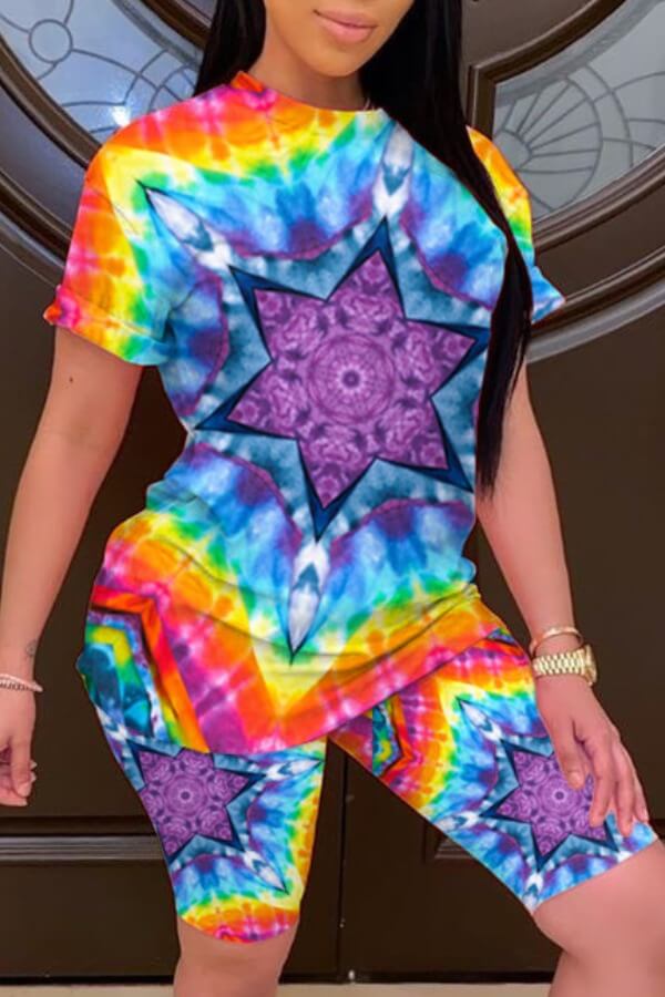 Lovely Leisure Tie-dye Multicolor Two-piece Shorts Set