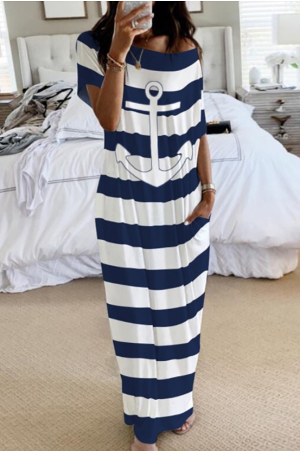 

Lovely Casual Striped Dark Blue Ankle Length Plus Size Dress