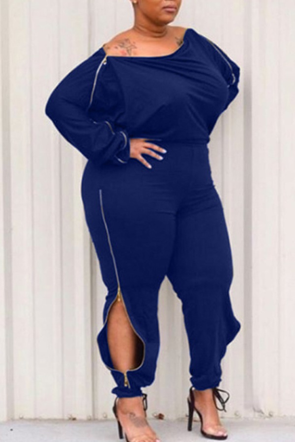 

Lovely Casual Zipper Design Blue Plus Size One-piece Jumpsuit
