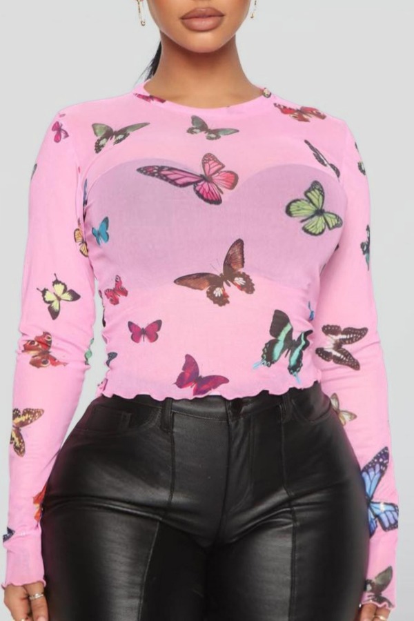 

Lovely Trendy Butterfly Print Pink Plus Size Base Layer