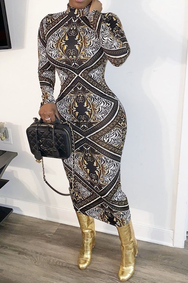 

Lovely Trendy Print Brown Mid Calf Dress