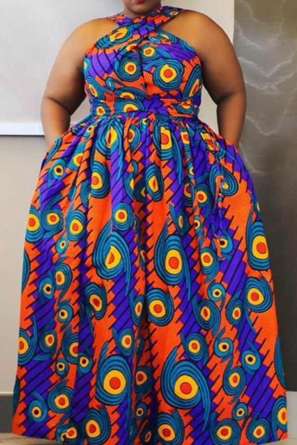 

Lovely Stylish Print Blue Maxi Plus Size Dress
