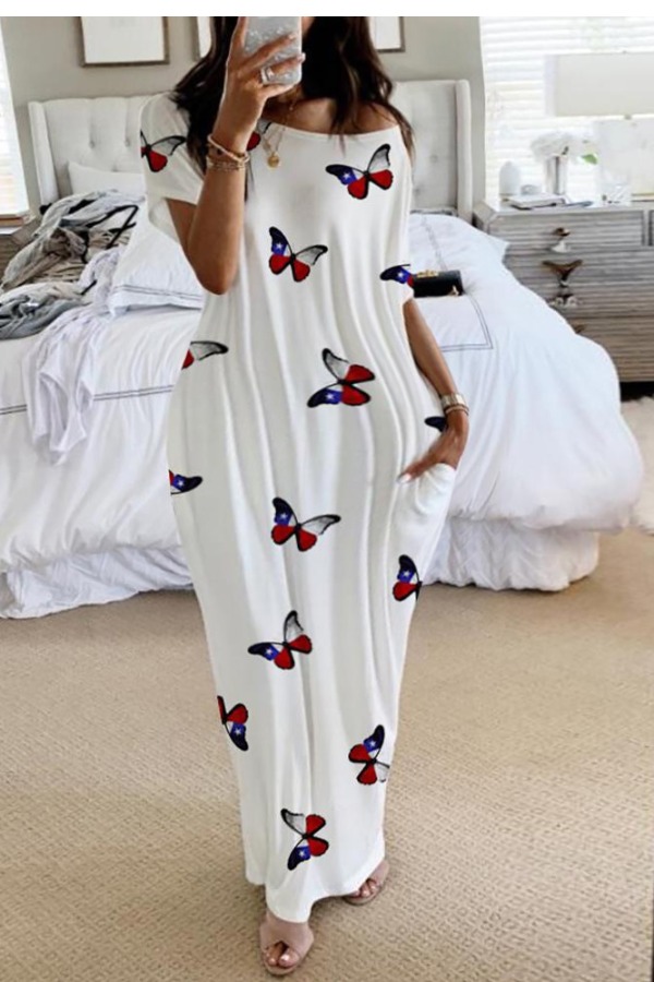 

Lovely Stylish Butterfly Print White Ankle Length Plus Size Dress