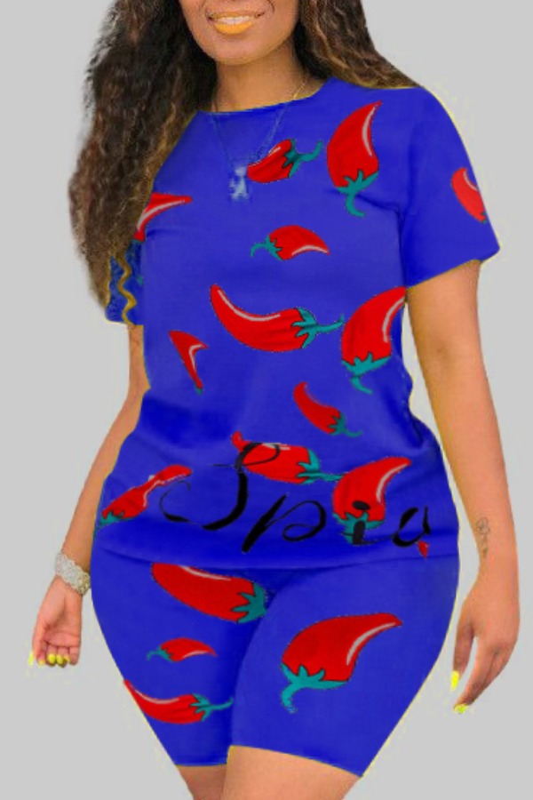 

Lovely Casual Print Blue Plus Size Two-piece Shorts Set