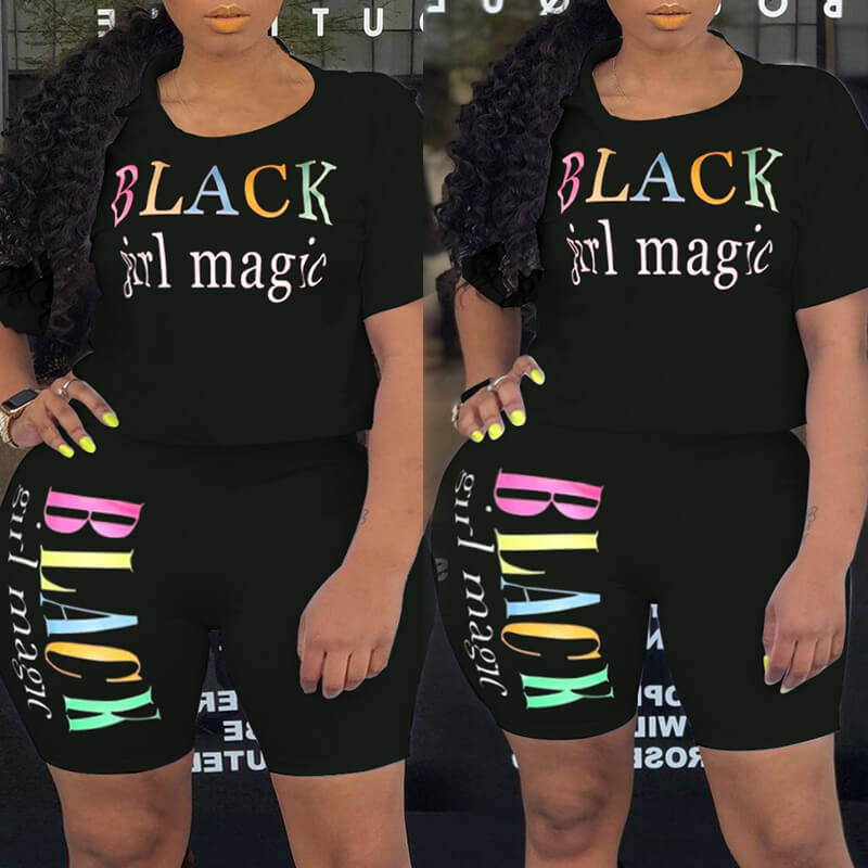 

Lovely Casual O Neck Letter Black Plus Size Two-piece Shorts Set