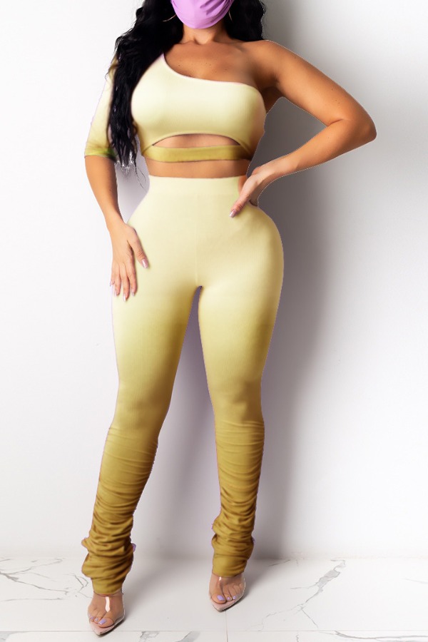 

Lovely Trendy One Shoulder Yellow Two-piece Pants Set