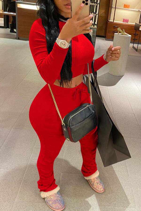 

Lovely Casual Fold Design Red Two-piece Pants Set