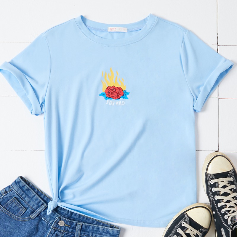 

Lovely Leisure O Neck Rose Print Blue T-shirt