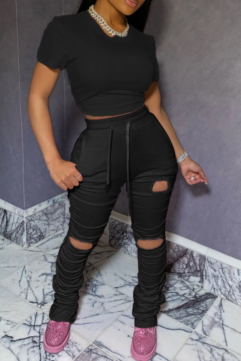 

Lovely Casual Hollow-out Black Two-piece Pants Set