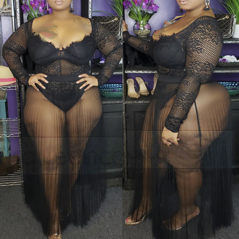 

Lovely Sexy See-through Black Plus Size Two-piece Skirt Set