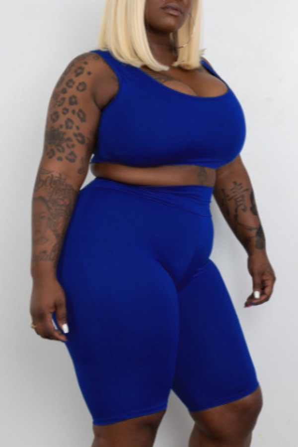 

Lovely Leisure Basic Blue Plus Size Two-piece Shorts Set