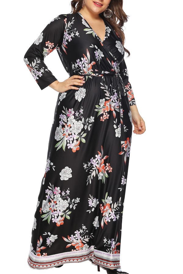 

Lovely Casual Print Black Maxi Plus Size Dress