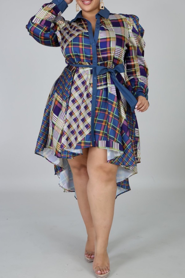

Lovely Stylish Grid Print Blue Knee Length Plus Size Dress