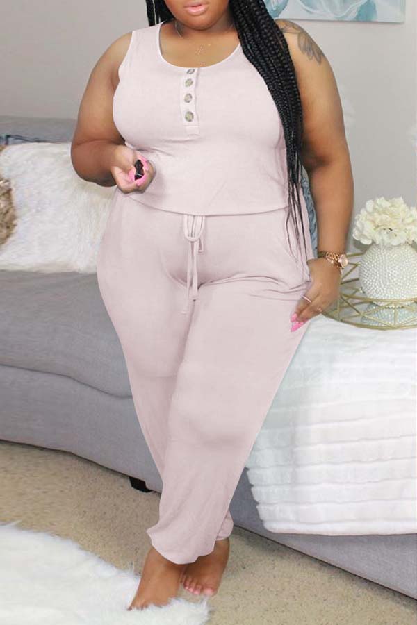 

Lovely Leisure Buttons Design Beige Plus Size One-piece Jumpsuit