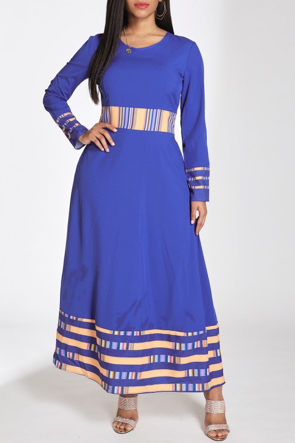 

Lovely Casual Patchwork Blue Ankle Length Dress