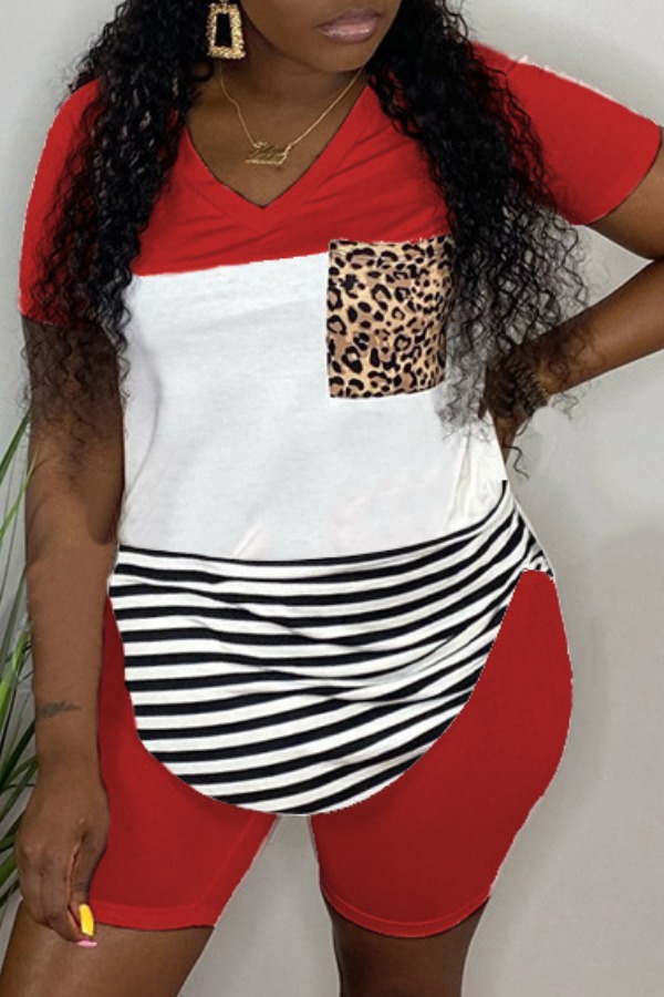 

Lovely Casual Patchwork Red Two-piece Shorts Set