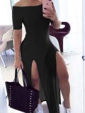 LW COTTON Stylish Side High Slit Black Maxi Dress