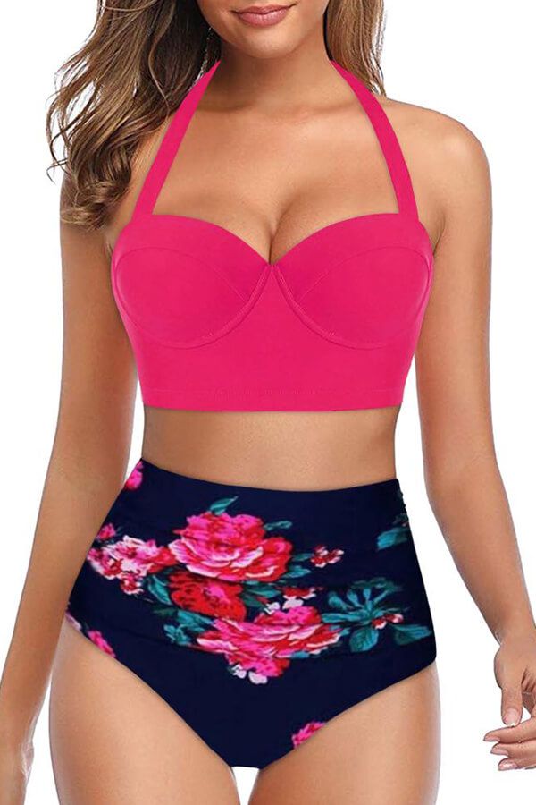 

Lovely Print Rose Red Bathing Suit Two-piece Swimsuit