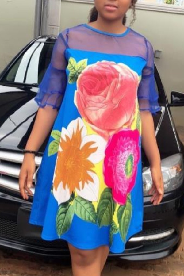 

Lovely Casual Floral Print Dark Blue Knee Length Dress