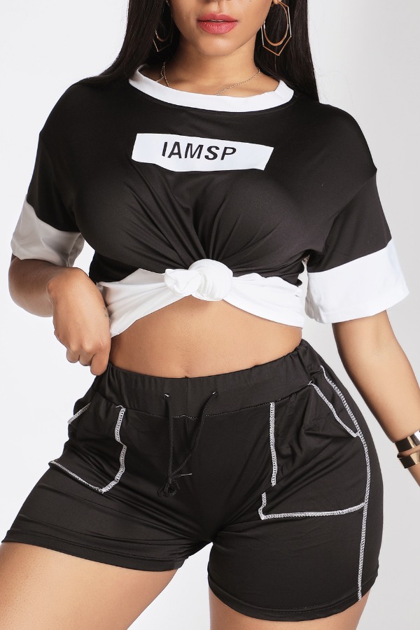 

Lovely Leisure Letter Black Two-piece Shorts Set