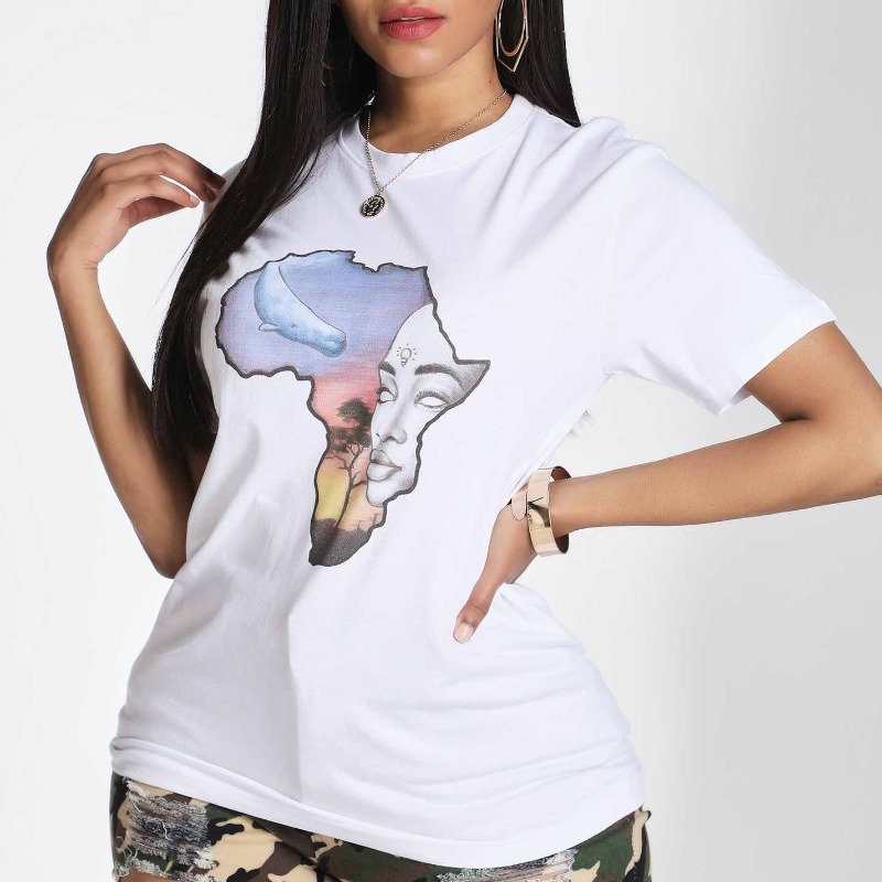 

Lovely Casual O Neck Prin White T-shirt