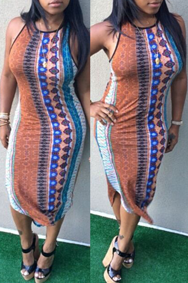 

Lovely Trendy Print Multicolor Mid Calf Dress, Multi