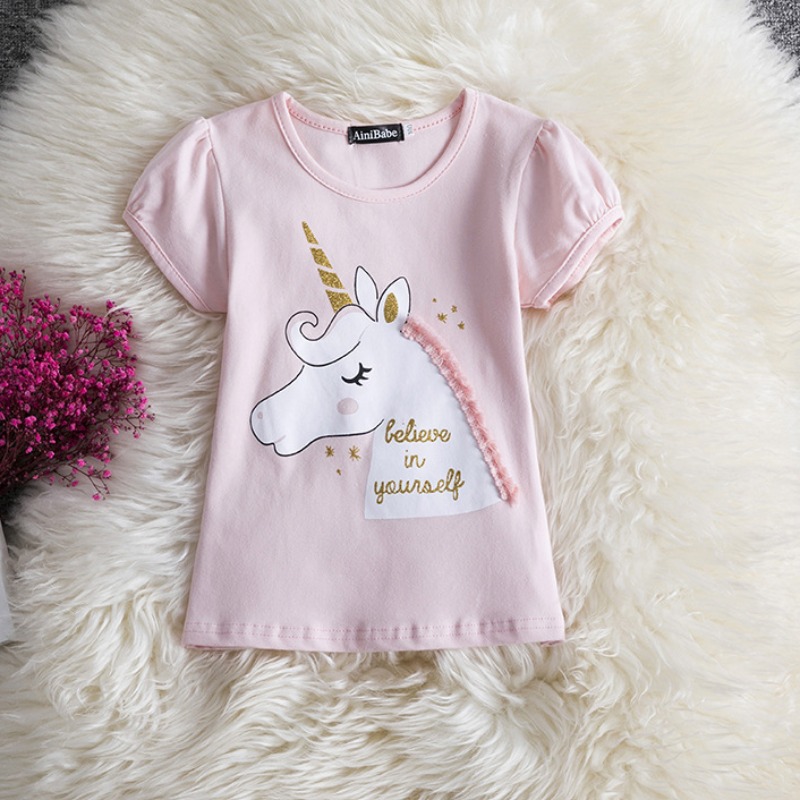 

Lovely Leisure O Neck Cartoon Print Pink Girl T-shirt