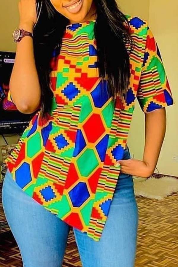 

Lovely Leisure O Neck Print Asymmetrical Multicolor T-shirt, Multi
