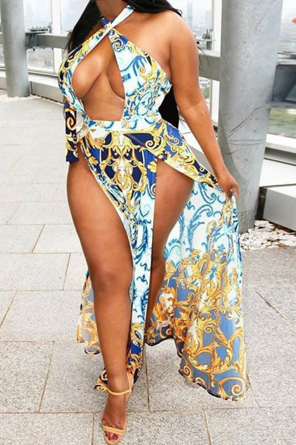 

Lovely Sexy Print Hollow-out Multicolor Ankle Length Plus Size Dress, Multi