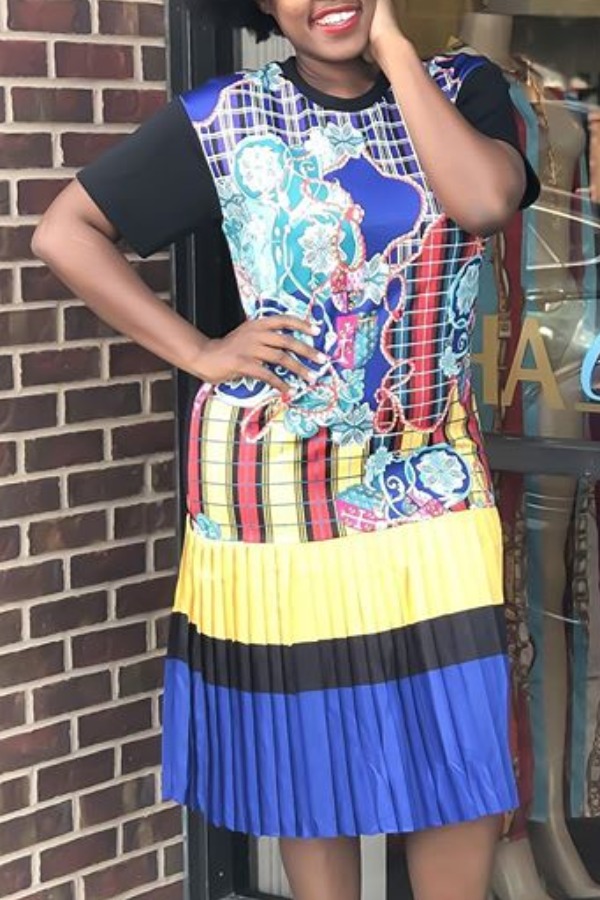 

Lovely Casual Print Multicolor Mid Calf Plus Size Dress, Multi