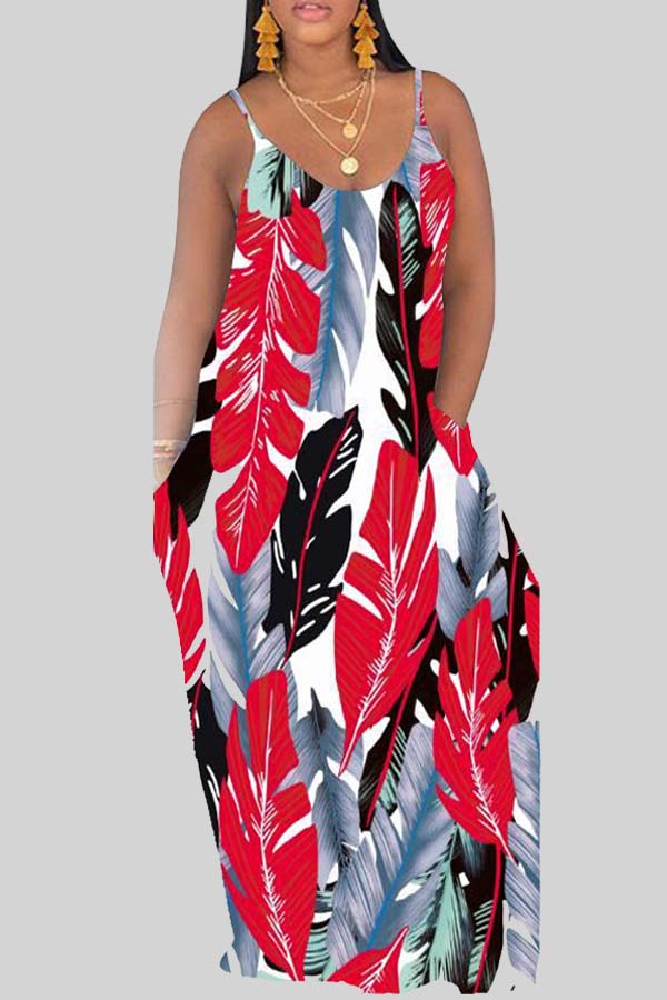 

Lovely Trendy Plants Print Red Maxi Dress