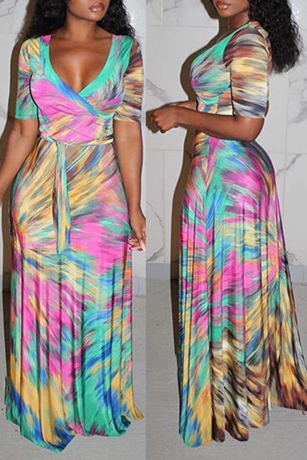 

Lovely Bohemian V Neck Tie-dye Multicolor Maxi Dress, Multi